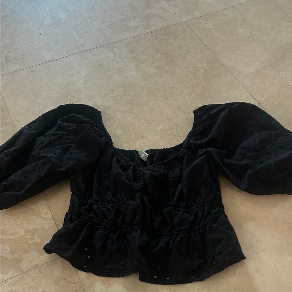 A new Day Black Puff Sleeve Swiss Dot Peplum Top